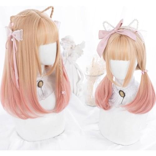 Creamy Peach Gradual Golden Pink Lolita Wig Women Harajuku Long Straight Hair Cute Bangs Adult Chic Girls Cosplay Daily Wear