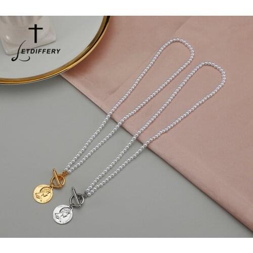 Letdiffery Vintage Queen Coin Pendant Necklace Stainless Steel Pearl Chain OT Button Choker Charms for Women Party Jewelry Gifts
