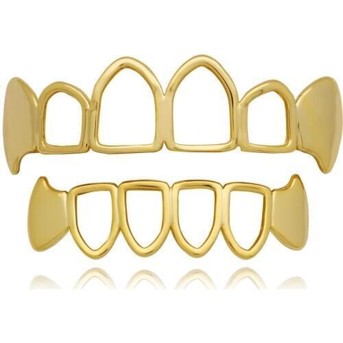 LuReen Gold Teeth Grillz Top Bottom Grills Dental Hollow Open Face Grill Vampire Fang Tooth Caps Body Jewelry Party
