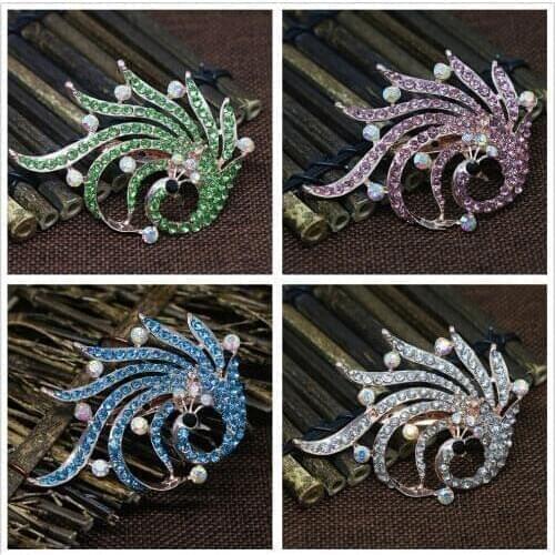 Cute/Romantic Fashion Trendy Animal Rose Gold-color Colorful Peacock Brooches Clear Crystal Hot Sale Pins Jewelry 56*76mm Y