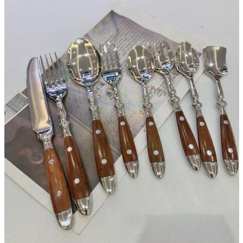 Tableware Set Stainless Steel Flatware Set Knife Fork Spoon Dinnerware Sets Wooden Handle Table Cutlery Kitchen Device Sets