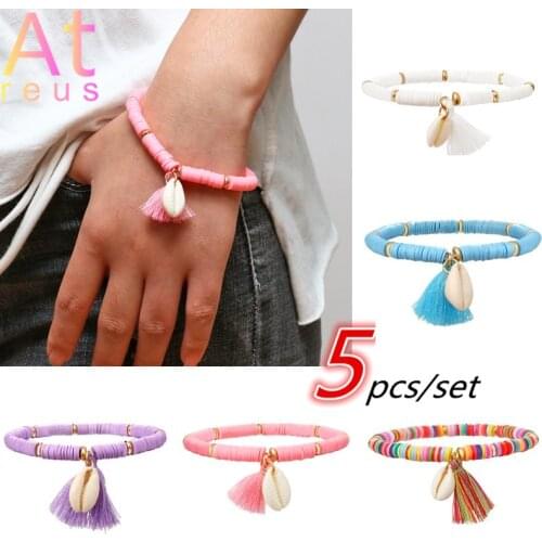 5pcs Multicolor Polymer Clay Shell Tassel Bracelet Set for Women Baroque Pearl Seeds Beaded Bracelet Set 2021 New Boho Jewelry