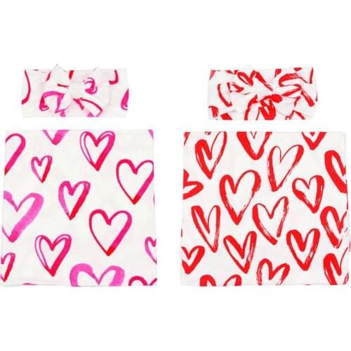 Newborn Receiving Blanket Bow Headband Set Heart-shaped Baby Cotton Swaddle Wrap 090A