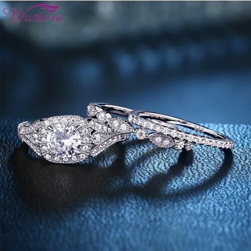 Wuziwen 3 Pcs 925 Sterling Silver Wedding Rings For Women Round AAA Zircons Engagement Rings Bridal Set With Two Bands Size 5-12