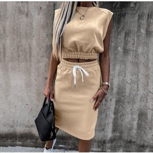 Solid Color Casual Fashion Summer Womens Dress Suit Sleeveless Round Neck T-shirt Straight Dress Sets