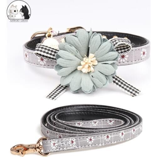 Pet Dog Collar Flower Puppy Cat Dog Collar Leash Set Adjustable Collars for Small Medium Dogs Leather Necklace Pet Accessories