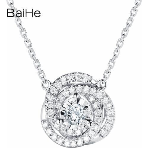 BAIHE Solid 18K White Gold 0.10ct H/SI Natural Diamond Women Trendy Fine Jewelry Beautiful flower diamond gift Necklaces