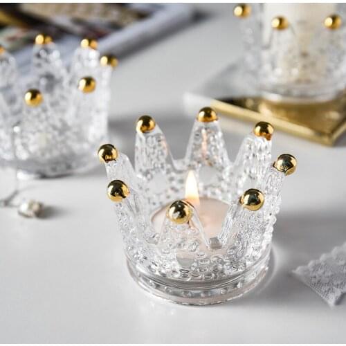 Homelily Romantic Small Candle Holder Creative Home Decoration Accessories Living Room Desktop Crown Glass Candlestick Ornaments