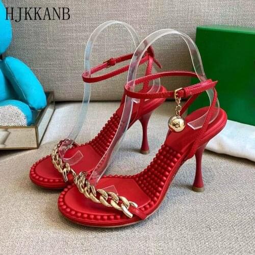 High Heel Sandals Women Metal Chain Decor Ankle Strap Runway Party Sandals Open Toe Summer Comfortable Massage Insole Sandals