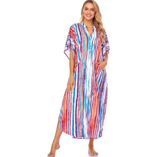 Chic Beach Kaftan With Pocket Batwing Sleeve Loose Plus Size Cool Maxi Dress Shirt Tunic Holiday Caftan BathingSuits Stripe Gown