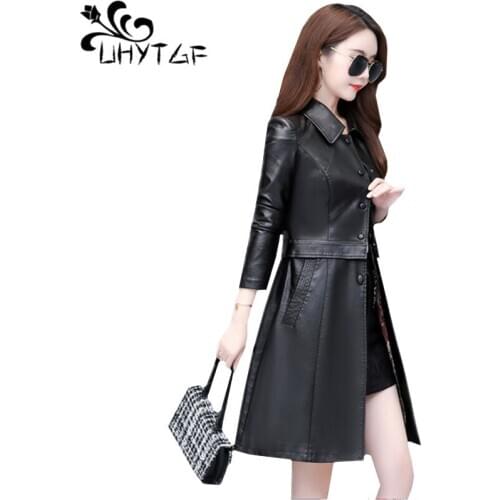 UHYTGF 5XL plus size leather jacket Womens solid color wild casual Autumn leather coat Single-breasted slim female outerwear 804
