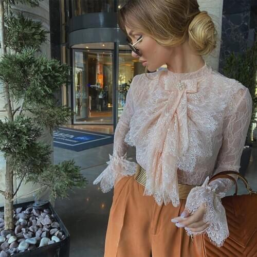 Womens Tops Elegant Hollow Out Lace Long Sleeve Turtleneck Tops 2021 Spring Fashion Solid Blouse Shirts Drawstring Ruched Tops