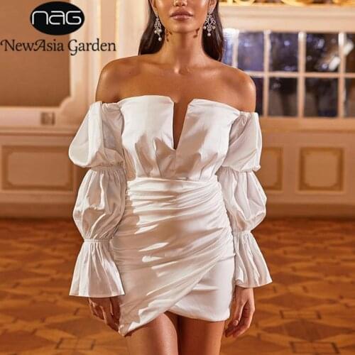 NewAsia Satin White Dress Puff Sleeve off Shoulder Cut out Backless Ruched Lining Zipper Bodycon Mini Dress Women Sexy Vestidos