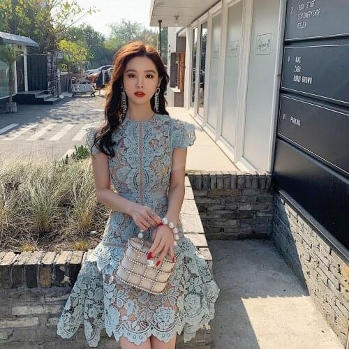 Floral print lace knee-length dress women summer round neck loose casual beach skirt
