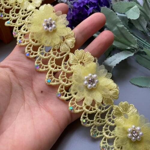 1 Yard Yellow New Soluble Pearl Flower Embroidered Lace Trim Ribbon Fabric Sewing Craft For Costume DIY Hat Shoes Decoration