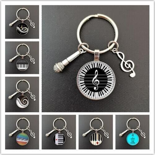 2020 new heart-shaped piano love pendant round glass keychain convex piano keyboard glass dome demo keychain jewelry