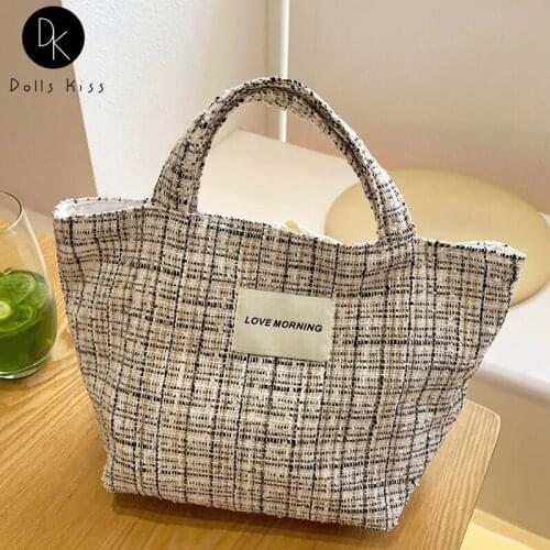 Women Canvas Eco Bag Ladies Retro Checkered Handbag Niche Student Lunch Bag Casual Travel Small Totes Girls Picnic Grocery Totes