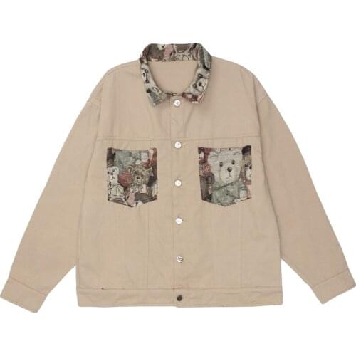 LACIBLE Vintage Stitching Bear Pocket Print Winter Coat Men Women Streetwear Jacket 2021 Winter Harajuku Jackets