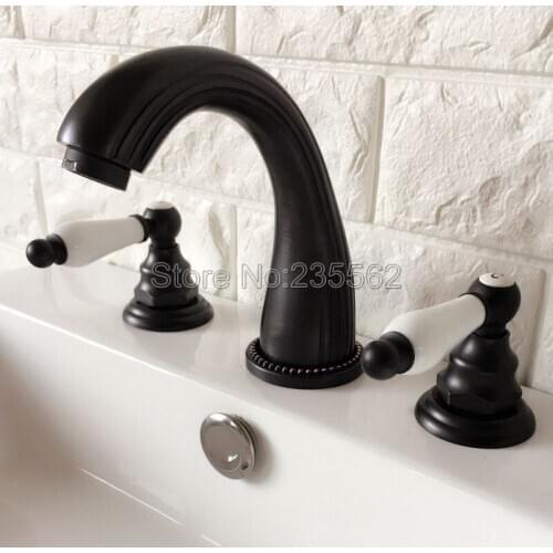 3 Hole Widespread Black Oil Rubbed Brass Bathroom Basin Faucet Deck Mounted Vessel Sink / Bathtub Dual Handle Mixer Taps lhg062