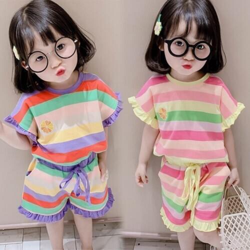 Summer Girls Clothes Set 2020 New Colorfull Striped T shirt+Shorts 2 Pcs Sport Suit BC963