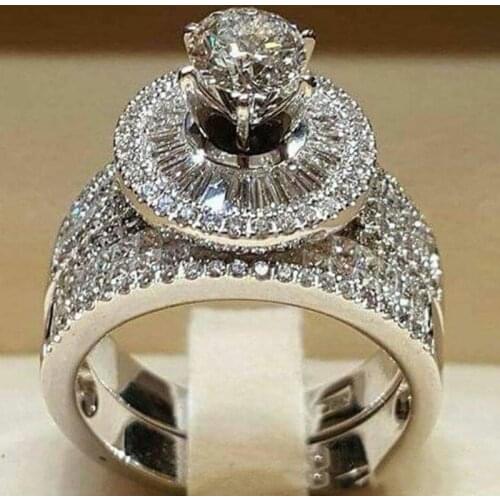 Milangirl Female Crystal White Round Ring Set Brand Luxury Promise Engagement Ring Vintage Bridal Wedding Rings Women