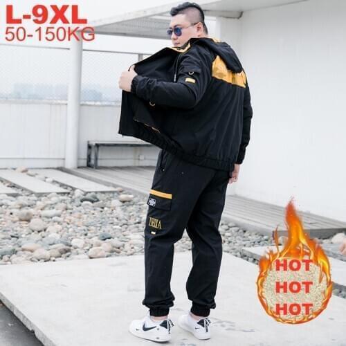 Men Jogger Tracksuit Suit Winter Thicken Hooded Fleece Jacket Pant 2pcs Sets Hip Hop Oversize Male Sportswear Plus Size 9XL