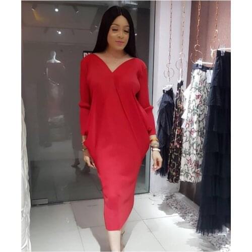 African Dresses For Women 2021 Elegent Fashion Style Draped Long Dress Office Summer V Neck Bat Sleeve Solid Color Loose Dress