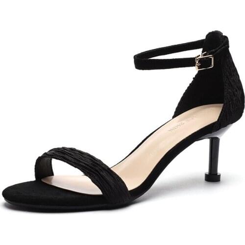 Women Sandals Women High Heels Sandals Summer Shoes women sandals Flock Buckle Strap 6.5CM Thin High Heels Round Toe Shallow