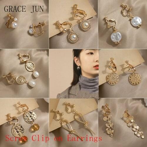 GRACE JUN Korean Design Simulated Pearl Screw Clip on Earrings Non Pierced Baroque Rhinestone Ear Clip Womens Jewelry Wholesale