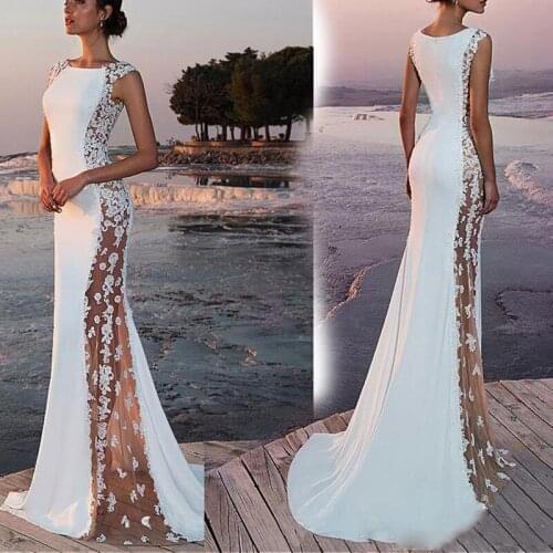 Summer White Bohemian Beach Mermaid Wedding Dresses 2019 Lace Satin Jewel Lapel Bridal Gowns Sweep Train Length Mermaid Dress