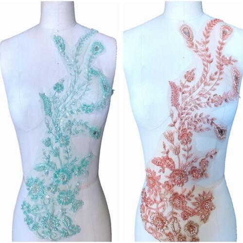 Light green/champagne lace applique with handsewing beads rhinestones trim patches 56*22cm for prom dress accessory