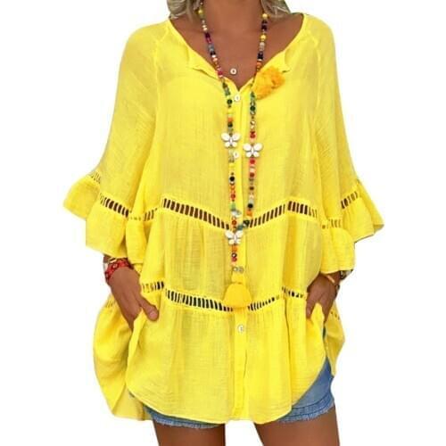 Plus Size Women V Neck Shirt Tops Hollow out Long Sleeve Loose T-shirt Ladies Tops T-shirt 3/4 Sleeve long sleeve t-shirts