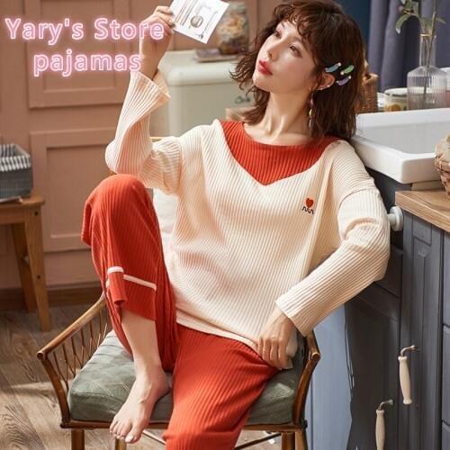 Women Pajamas Set Autumn Striped Cotton Pajama Suit Home Wear Pyjamas Cotton Comfortable To Wear Outside Round Neck Home Clothes