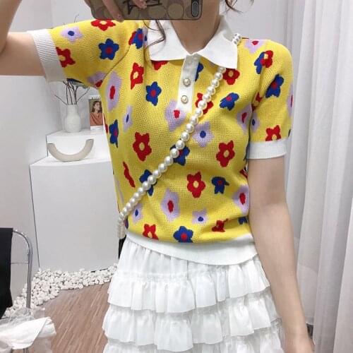 New Summer Floral Ice Silk Cool Summer Knitted Women Pullover Short Sleeve Polo Neck Elegant Yellow T Shirt Ladies For Girls