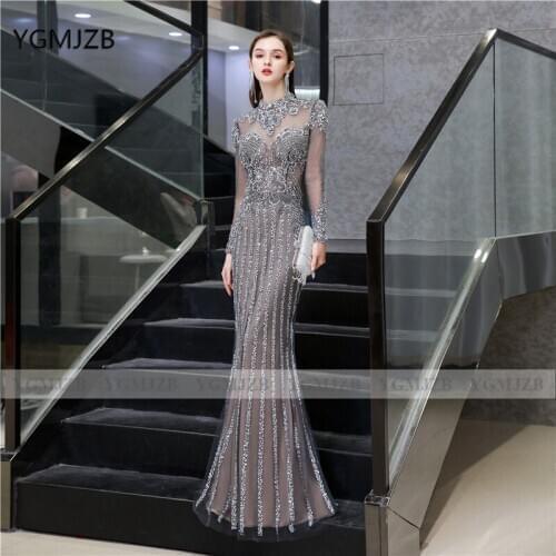 Grey Arabic Evening Dresses Luxury Long 2020 Mermaid with Sleeves Diamond Sequined Crystals Women Formal Dress Evening Gowns