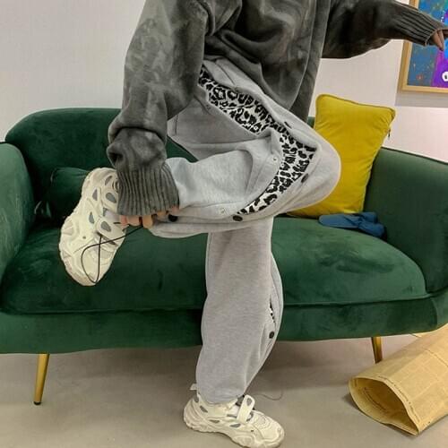 Leopard Stitching Winter Thick Joggers Women Sweatpants Oversized Trousers Velvet Fleece High Waist Beam Feet Harem Pant Baggy