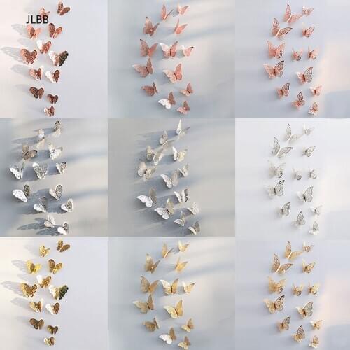12pcs/set Hollow 3D Butterfly Wall Sticker for Wedding Decoration living room window Home Decor Gold silver Butterflies stickers