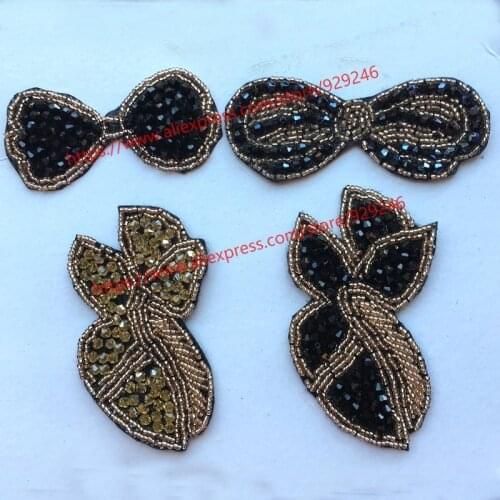 4pcs crystal beaded applique for garments accessory butterfly-tie black crystal patches for hairdress ornaments DIY hand crafts