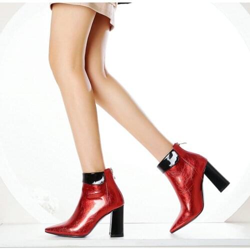 Women Shoes Green Red Black Sweet Ankle Boots Faux Patent Leather Ladies Winter Boots Fashion Color Matching Female Short Boots