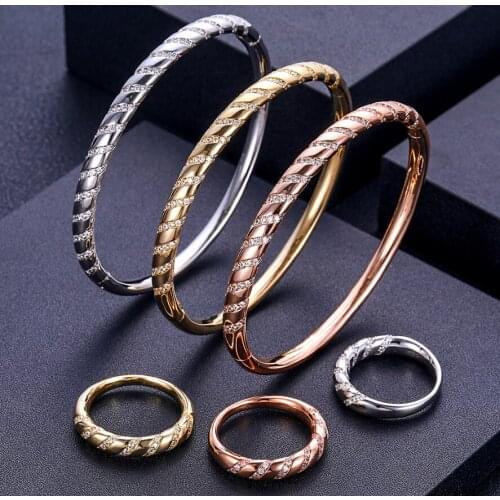 Accking Luxury Unique African 2PCS Bangle Ring Jewelry Sets For Women Wedding Cubic Zircon Crystal CZ Dubai Bridal Jewelry