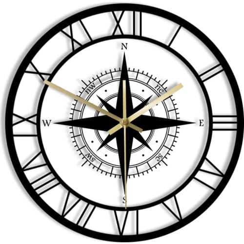 Black Wind Rose Compass Exclusive Silent Wall Clock Direction Map Nautical Home Décor Traveller Interior Design Retro Wall Watch