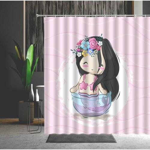Child Shower Curtains Cartoons Mermaid Girl Bathtub Decoration Polyester Cloth Multiple Size Hanging Curtain With Hooks