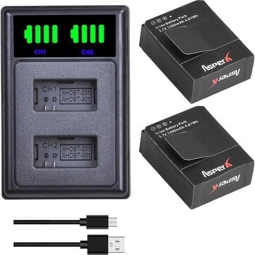 AsperX 2Pcs AHDBT-301 AHDBT-302 For Gopro Battery + LED Dual USB Charger for Gopro Hero 3/3 Hero3 Hero3 Camera Hero3 Go Pro