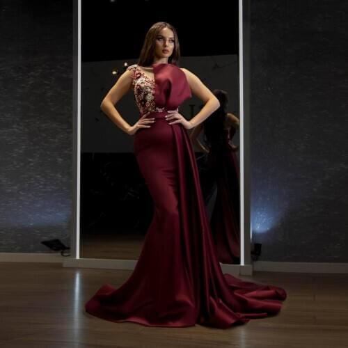 Elegant Burgundy Mermaid Long Evening Dresses 3D Flower Beaded Prom Gowns One Shoulder Formal Party Dresses