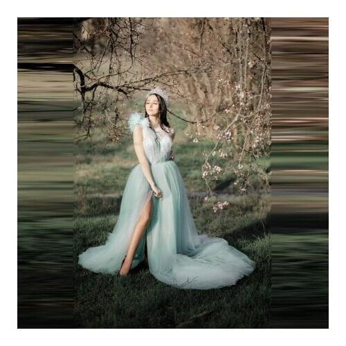 Elegant One Shoulder Tulle Maternity Dresses Front Split Puffy Custom Made Ruffles Sleeveless Sexy Prengnancy Gown