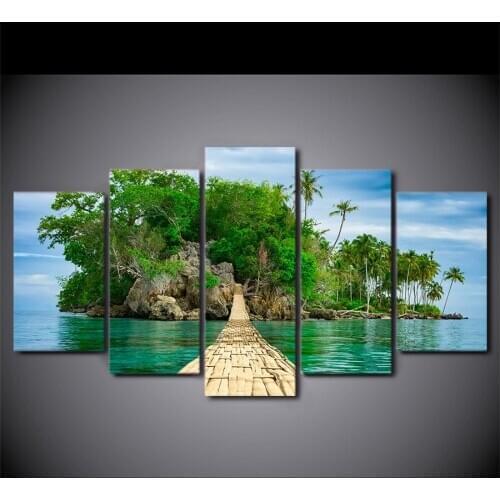 HD Printed 5 Piece Canvas Art Green Island Painting Wooden Bridge Wall Pictures Decor Framed Painting