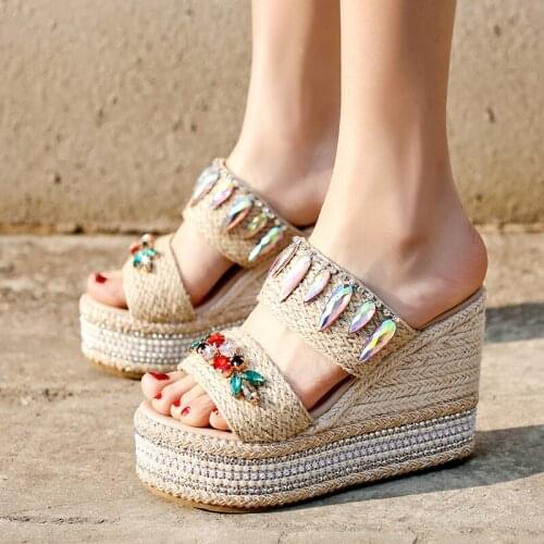 Idyllic hemp woven slope with super high heel platform ladies slippers summer new style rhinestone bohemian beach sandals