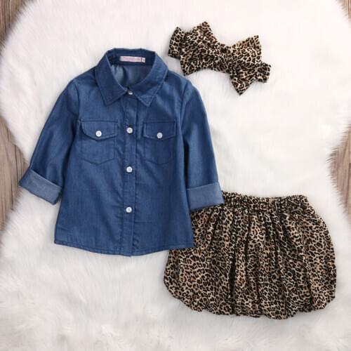 ImCute 2020 Children Brand Clothing Girls Clothes Denim Shirt Tops Leopard Print Skirt 3PCS Sets 1 2 3 4 5 Years Kids Clothes