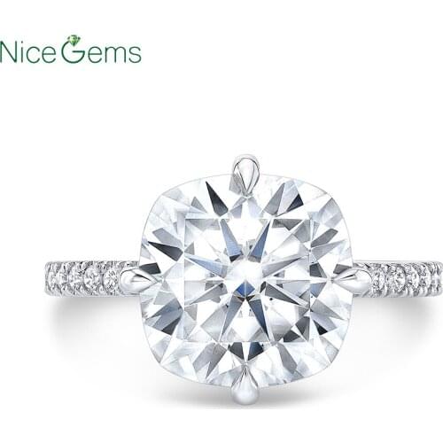 NiceGems 14K White Gold 4ct 9.5mm Cushion cut FG Color Moissanite Invisible Halo Engagement Ring with 3/4 Eternity Band