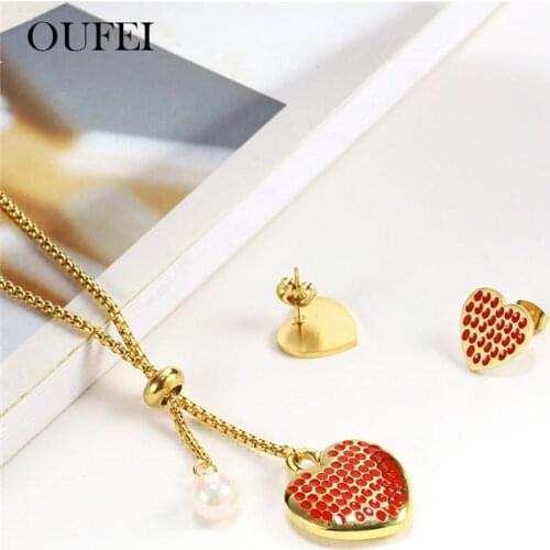 OUFEI Red Heart Necklace Set Of Earrings For Women Stainless Steel Jewelry Sets Jewellery Summer Accessories Free Shipping
